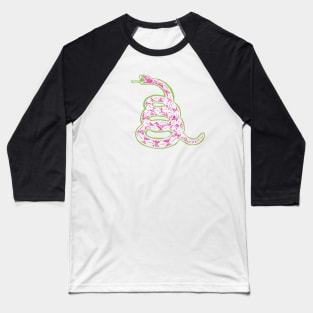Bright Pink and Light Green Distressed 80s New Wave Style Gadsden Snake Baseball T-Shirt